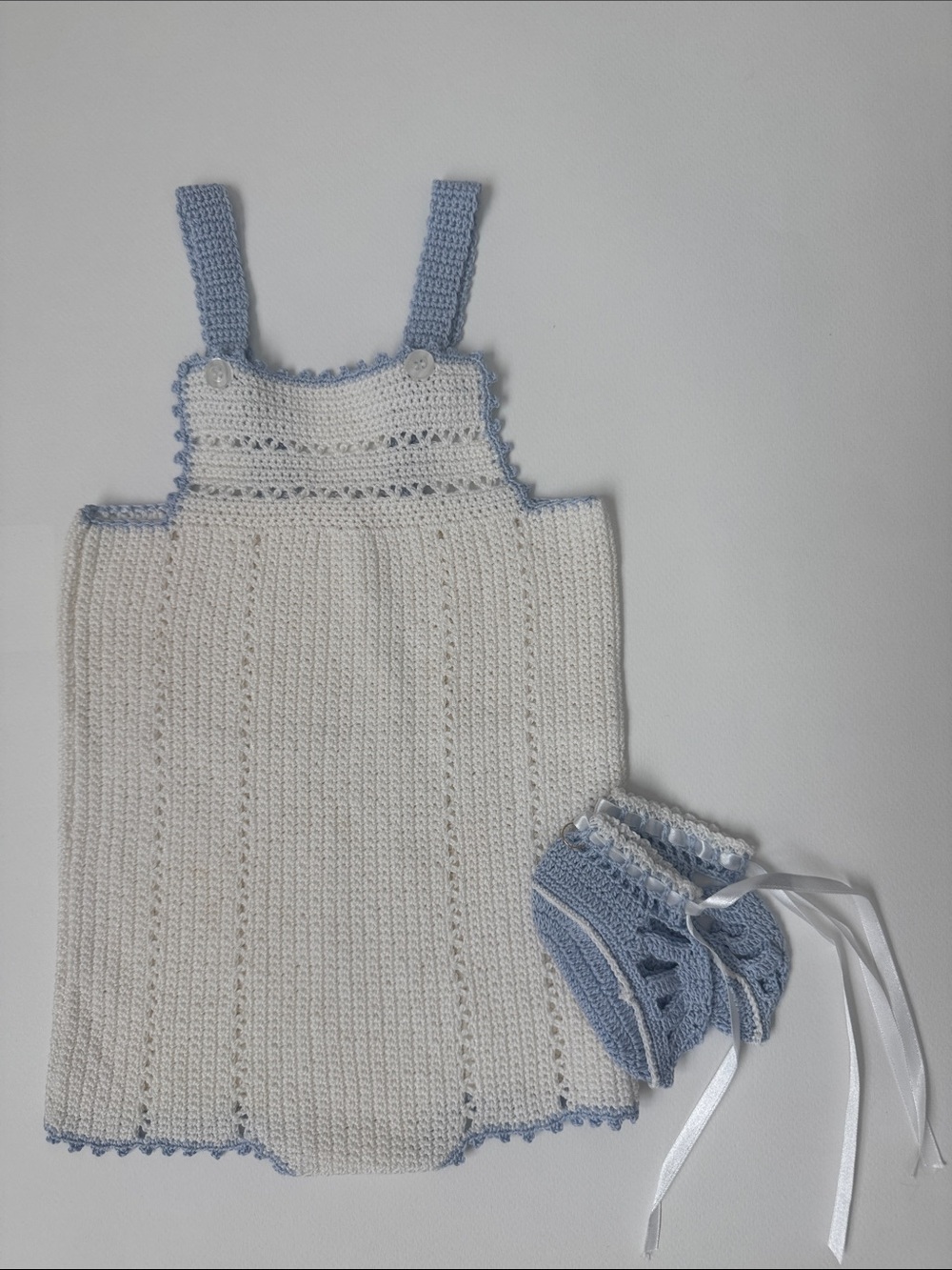Hand-Crocheted Cream and Light Blue Baby Dress with Matching Booties